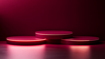 Poster - Three crimson cylindrical platforms with neon pink outlines, arranged asymmetrically against a deep crimson background, showcasing a modern, minimalist product display