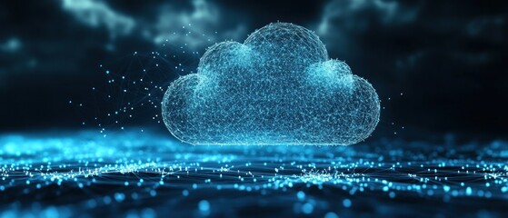 Poster - A digital cloud representation with glowing particles, set against a dark background, symbolizing data storage and technology