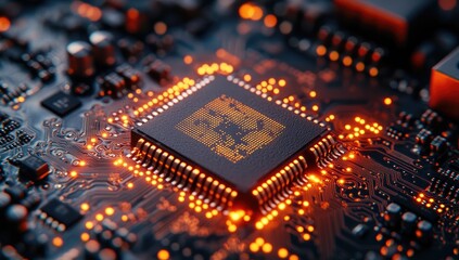 Poster - Closeup view of illuminated central processing unit chip on circuit board, showcasing glowing orange and yellow traces, dark grey circuit board background