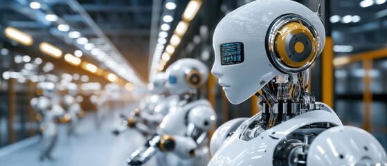 Poster - Futuristic robots standing in a high-tech warehouse setting