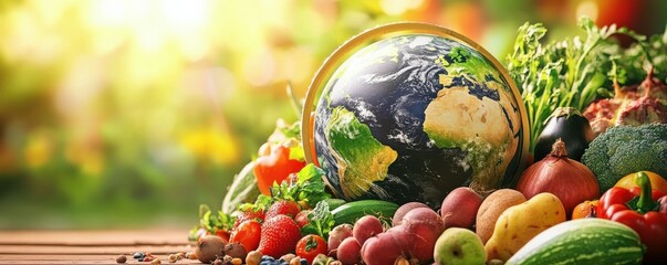 Wall Mural - a globe surrounded by various fresh fruits and vegetables.