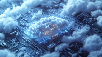 Poster - Aerial view of a futuristic cityscape with clouds hovering above, showcasing technology and innovation in urban design