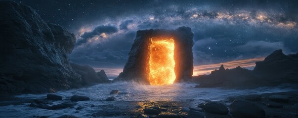 Wall Mural - a glowing portal on a rocky beach, under a starry sky.
