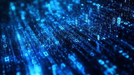 Fototapete - Abstract Digital Data Stream Visualization: Glowing Blue Binary Code Flowing Through Cyberspace