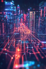 Poster - A vibrant futuristic cityscape illuminated by neon lights, showcasing digital connections and bustling urban life at night
