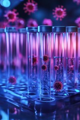 Poster - Laboratory scene with test tubes containing viruses in focus