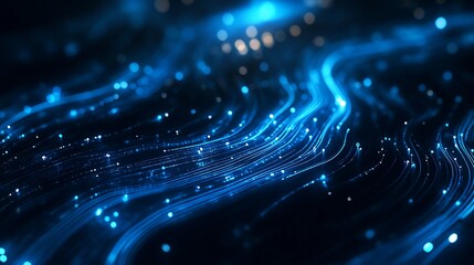 Fototapete - Abstract Blue Digital Wave Background: Glowing Lines and Particles in Dark Space