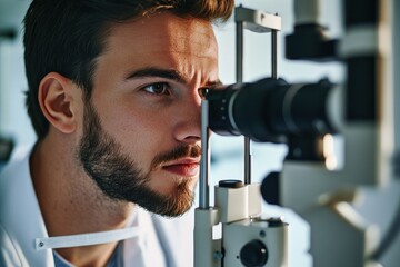 Poster - Young male optometrist examining a patient's eyes using a slit lamp in a modern clinic with medical equipment in the background