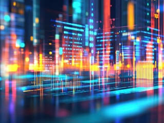 Poster - Vibrant digital cityscape with colorful lights at night