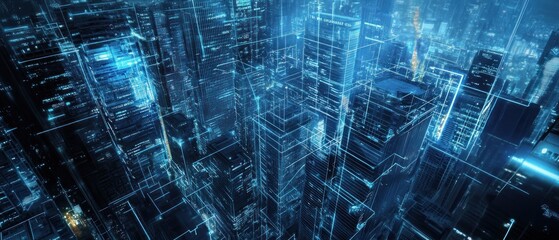 Poster - Futuristic cityscape at night with glowing skyscrapers and digital overlays, showcasing advanced technology and urban life