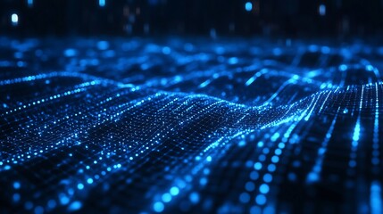 Poster - Abstract Digital Waves Blue Glowing Particles Data Network Technology Background