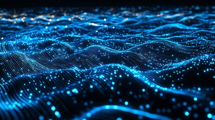 Poster - Abstract Blue Digital Waveform: Glowing Particle Landscape of Data Flow and Technology
