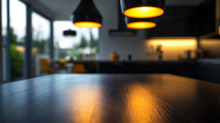 Poster - Dark wooden table surface illuminated by warm light from hanging lamps, blurred background showing modern kitchen interior, showcasing a clean and minimalist design, ideal for product placement