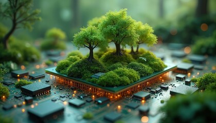 Poster - cpu circuit board with trees, grass. high tech information technologies with environmental sustainab