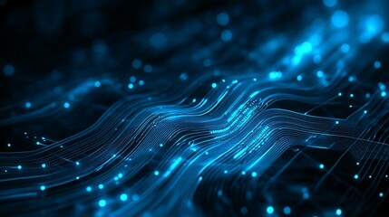 Fototapete - Abstract Digital Waves: Glowing Blue Circuitry and Data Flow in Cyberspace