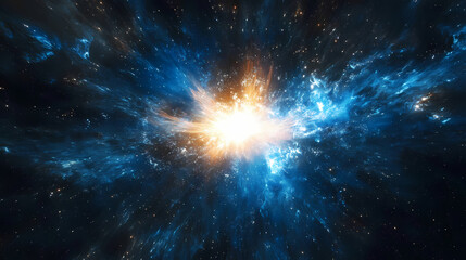 Wall Mural - bright light exploding in the dark universe, creating a blue horizon. twilight radiance. illustratio