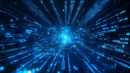 Fototapete - Digital Data Stream Tunnel: Abstract Visualization of Binary Code Flowing Through a Cybernetic Corridor