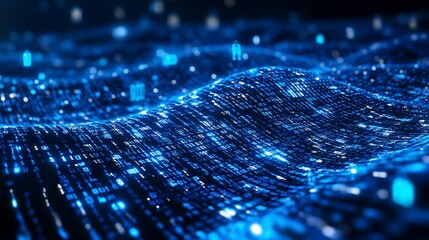 Fototapete - Abstract Digital Data Flow Visualization: Binary Code Waves and Cybersecurity