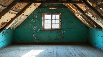 Aufkleber - Empty attic room with teal walls, wooden beams, and a single window, showcasing aged, rustic charm and offering blank space for various design concepts