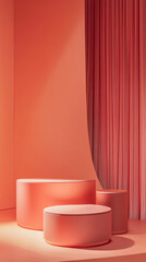 Poster - Coral-colored cylindrical podiums on a matching background with a sheer coral curtain, creating a minimalist product display or showcase scene, ideal for branding or advertising