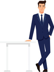 Poster - Confident businessman in a navy suit leaning against a white table in a minimalistic office environment, showcasing professionalism in flat vector art