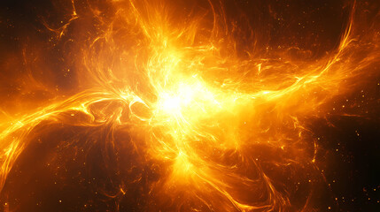 Wall Mural - Stunning abstract background with a spectacular golden fiery explosion of liquid swirling particles shimmering plasma and dynamic luminous fractal effects. Pulsating Beams. Illustration