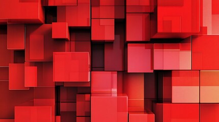 Poster - Abstract Red Cubes Composition: A 3D Geometric Design of Interlocking Blocks