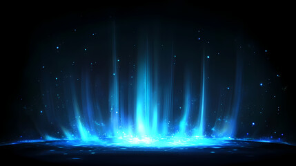 Wall Mural - a blue light beam rises from a dark background, with streaks of light radiating outwards, creating a