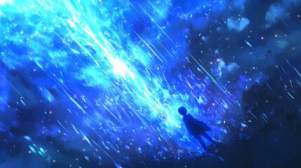 Wall Mural - a blue light beam rises from a dark background, with streaks of light radiating outwards, creating a