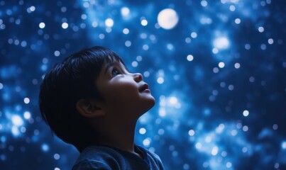 Wall Mural - you child looking up in wonder at the starry night sky. planetarium visit with planets, moons, and s