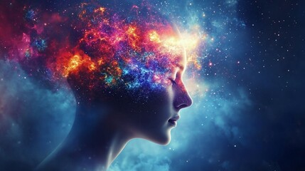 Canvas Print - cosmic consciousness: a woman's mind illuminated by celestial nebulae and stellar energy