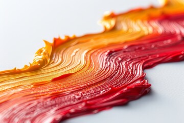 Poster - A vibrant brushstroke of blended yellow and red paint flows elegantly across a smooth white surface. The closeup reveals intricate textures and rich colors merging together.