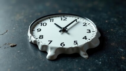 Poster - A clock lies on a dark textured surface its form distorted as if it is melting. The design features bold numbers and simple hands enhancing the dreamlike quality.