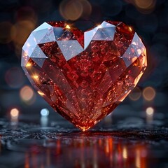 Poster - A stunning red heart made of facets radiates a warm glow from within set against a dark festive backdrop with soft lights creating an enchanting atmosphere.