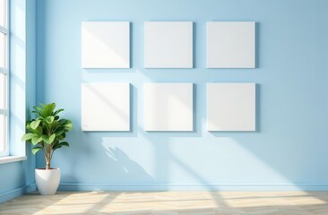 Poster - Six blank canvases adorn a light blue wall illuminated by sunlight streaming through large windows. A green indoor plant stands in a white pot adding vibrancy to the serene room.
