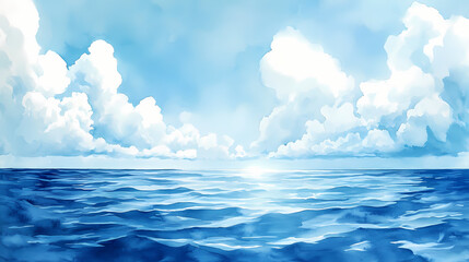 Wall Mural - A dreamy watercolor painting depicting a serene ocean landscape with white puffy clouds and a glimmering horizon. Glimmering Horizon. Illustration