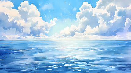 Wall Mural - A dreamy watercolor painting depicting a serene ocean landscape with white puffy clouds and a glimmering horizon. Glimmering Horizon. Illustration