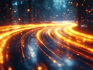 Poster - A glowing pathway curving through a dark and blurred forest environment