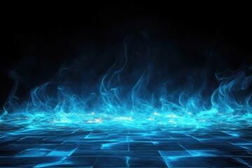 Poster - abstract glowing blue flames on a tiled floor