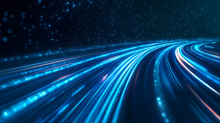 Wall Mural - abstract digital art depicting a glowing blue highway stretching into a dark, starlit horizon. the l