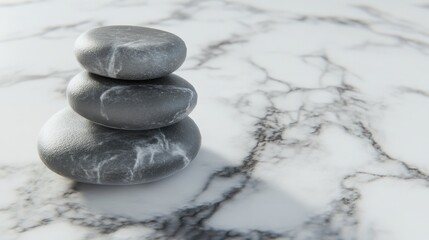 Poster - Three smooth gray stones stacked on a marble surface, showcasing texture and contrast in a serene setting