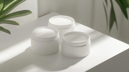 Poster - Three minimalist skincare containers positioned on a bright surface with soft shadows and plants