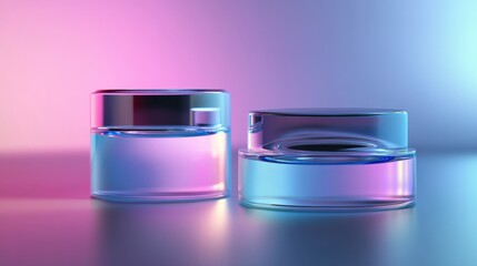 Poster - Two elegant glass jars with colorful lighting, showcasing beauty products in a modern setting