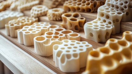 Poster - Various intricate honeycomb structures displayed on a wooden surface, showcasing design and texture