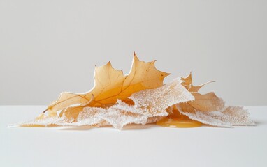 Poster - Delicate Amber Leaves with White Powder on White Background
