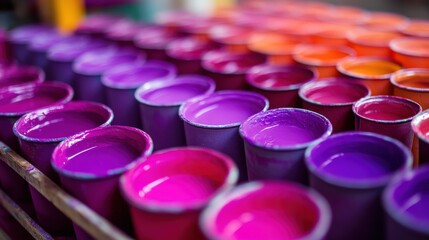 Poster - Vibrant collection of paint cups in shades of purple and orange arranged in a workshop