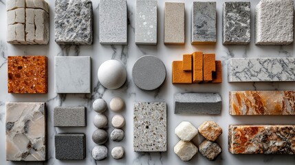 Poster - Various textured stone and concrete samples arranged aesthetically on a marble background