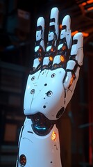 Poster - A white robotic hand is displayed in a futuristic environment