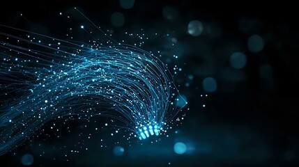Poster - Glowing blue fiber optic strands emit light against dark background with bokeh effects, creating futuristic technology concept for digital communications.