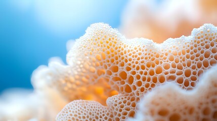Poster - Macro photography of white foam bubbles creating abstract organic texture against blue background, showing delicate soap suds pattern and light effects.